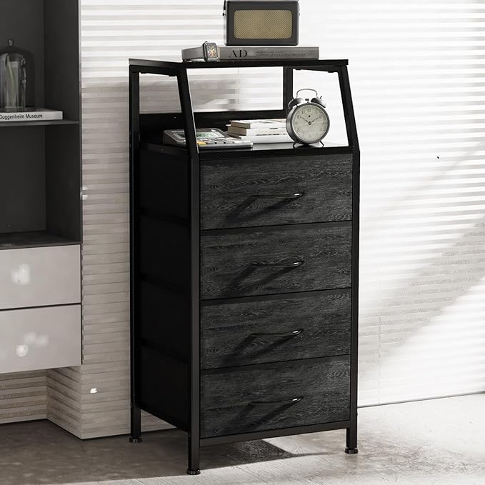 Dresser with 4 Drawers, Fabric Storage Tower for Bedroom, Black Clothes Storage Drawers, Vertical Closet Organizer for Kids Room, Entryway, Nightstand Bedside Table, Sturdy Steel Frame & Wooden Top