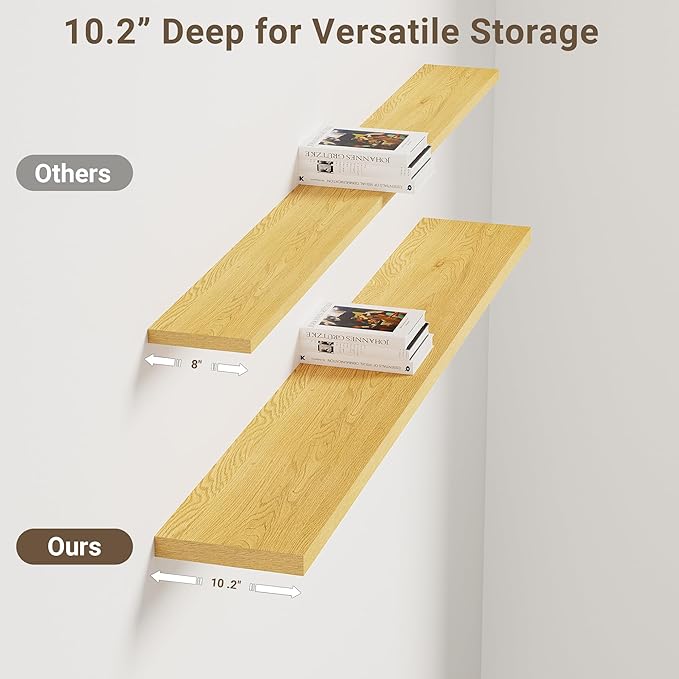 Vivelove 10" Deep Floating Shelves with Invisible Brackets, 55" Wall Shelves for Bathroom Bedroom Kitchen Living Room Laundry Room, Modern Rustic Shelves for Home Decor, 55"x10.2"x1.5", Set of 2, Oak