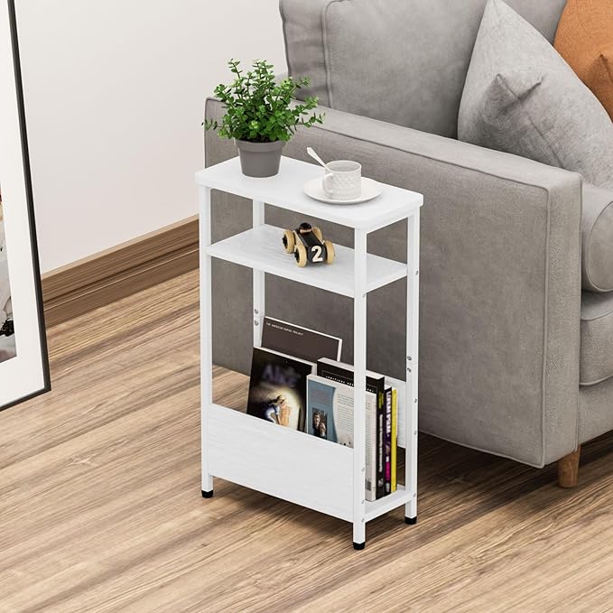 THUMEYE 7.1" Narrow Side Table for Small Spaces, 3 Tier Small End Table with Magazine Holder, Slim/Skinny Nightstand/Bedside Table for Living Room, Bedroom, 15.4" L x 24.2" H, White