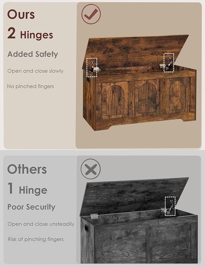DINZI LVJ Storage Chest, 39.4” Wooden Toy Box with 2 Safety Hinges, Entryway Shoe Bench with Flip-Top, Sturdy Large Storage Trunk for Living Room, Bedroom, Playroom, Easy Assembly, Rustic Brown