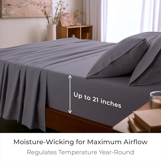 Mellanni Full Sheet Set - 6-Piece Iconic Collection Bedding, (Including 4 Pillowcases), 21-Inch Extra Deep Pocket, Easy Care, Ultra Soft, Cooling Sheets, Brushed Microfiber - Hazy Lilac