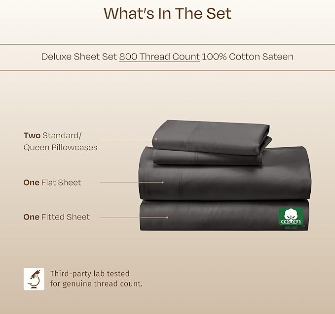 California Design Den Luxury 100% Cotton Sheets Queen Size - Buttery Soft 800 Thread Count Sateen, Deep Pocket Sheets, Durable Bedding Set - Grey