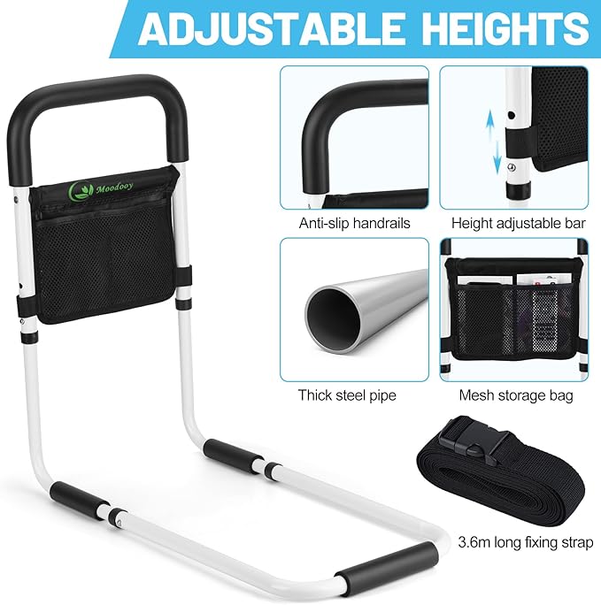 Moodooy Bed Rail for Elderly,Bed railings for Seniors,Sturdy and Stable, Height Adjustable,Bed Railing for Seniors with Fixing Strap and Storage Pocket,Bed Rails for Elderly Adults Safety,bedrails