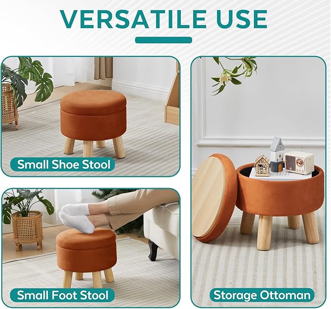 FIMIVIBI Small Foot Stool Ottoman with Storage, Velvet Ottoman Foot Rest for Couch, Round Footstool with Storage, Small Ottomans and Footstools for Living Room and Entryway (Orange)