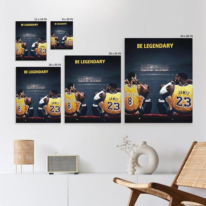 Kobe Bryant and LeBron James Canvas Wall Art Print Poster, Be Legendary Inspirational Sports Picture Artwork, Motivational Mamba Mentality Wall Decor for Home Office Gym Living Room, Framed 24x30inch