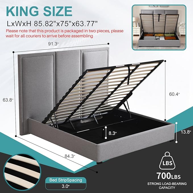 YUHUASHI King Size Bed Frame with 64-inch High Headboard, Simple and Airy Linen Upholstered Platform Bed with Storage Drawers, Wood Slat, No Noise (Grey, King(Hydraulic Lift))