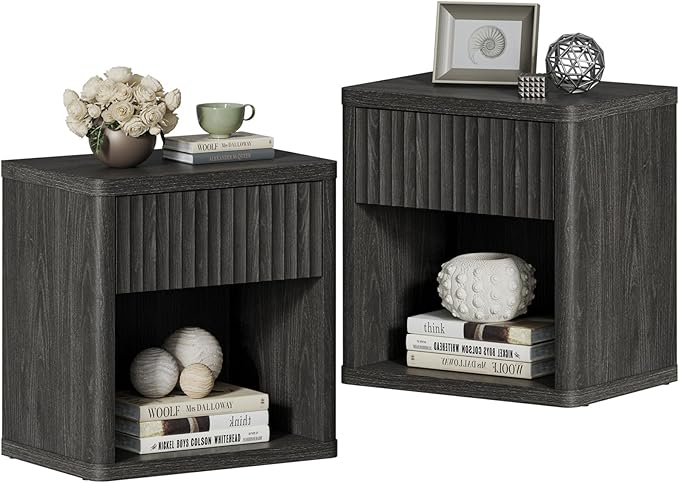 SICOTAS Night Stand Set of 2 Nightstands with Drawer Storage Fluted Bed Side Table End Table Large Modern Wide Bedside Mid Century Night Stands for Bedroom Living Room Sofa Office, Dark Grey Alder