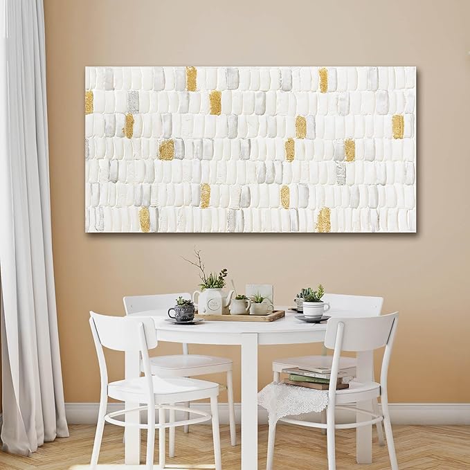 YETHEN WAL White and Gold Abstract Wall Art, Textured Geometric Canvas Painting, Neutral Modern Minimalist Wall Decor for Living Room Bedroom Office 20x40 Inch