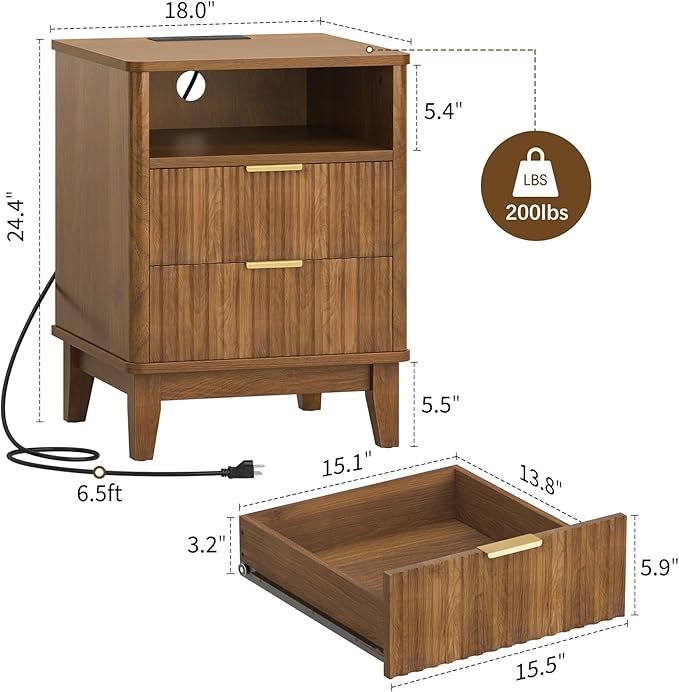 Night Stand with Charger Station, Fluted Nightstand with Drawers and Storage Shelf, Mid Century Modern Bedside Table Nightstands, Large Bed Side Table Wood Night Stands for Bedroom Living room