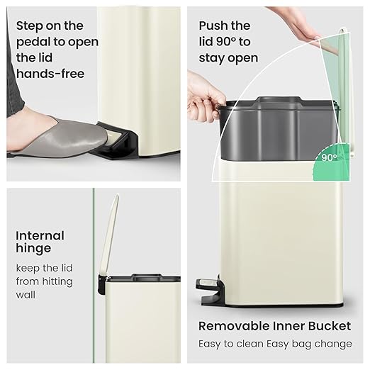 Cesun Small Bathroom Trash Can with Lid Soft Close, Step Pedal, 6 Liter / 1.6 Gallon Stainless Steel Garbage Can with Removable Inner Bucket, Anti-Fingerprint Finish (Creamy White)