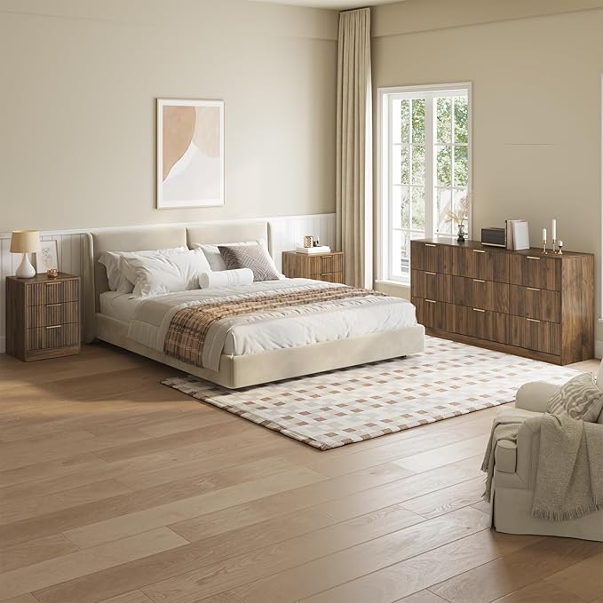 Walnut Dresser & 3 Drawer Nightstand Set 3-Piece, 63” Long 9 Drawer Dresser and Night Stand Set of 2, Fluted Modern Wood Chest of Drawers Storage Dressers Set for Bedroom, Walnut