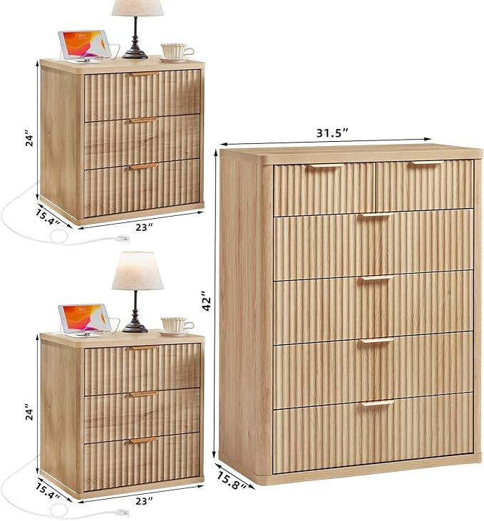 LEYAOYAO 42" Tall Fluted Dresser and 3 Drawers 23" Nightstand Set of 2, Wooden Dresser & Night Stand with Charging Station, 3 Piece Bedroom Furniture Set, Wood Chest of Drawer for Living Room,Natural