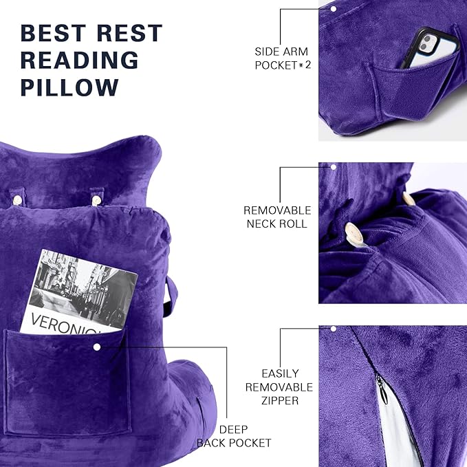Reading Pillow-Extra Large 31" Bed Rest Pillow with Detachable Neck Roll & Arms for Sitting in Bed or Couch-Backrest Reading Pillow Adult Back Pillows for Reading/Watching TV/Gaming/Relaxing,Purple