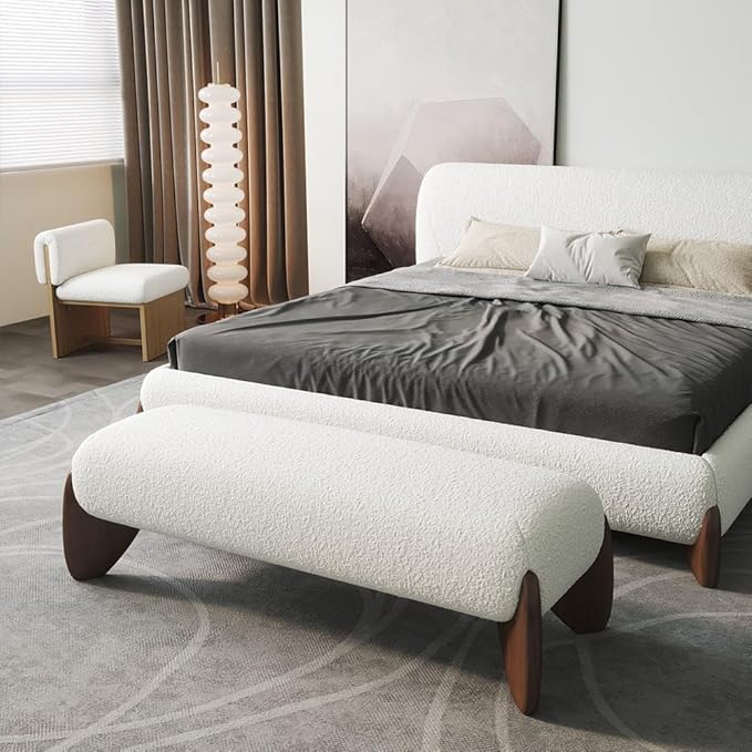 homary Curva Modern White Boucle King Size Platform Bed Set & Bedroom Bench with Solid Rubber Wood Legs, Upholstered Headboard, Comfortable & Stylish for Master Suite or Guest Room