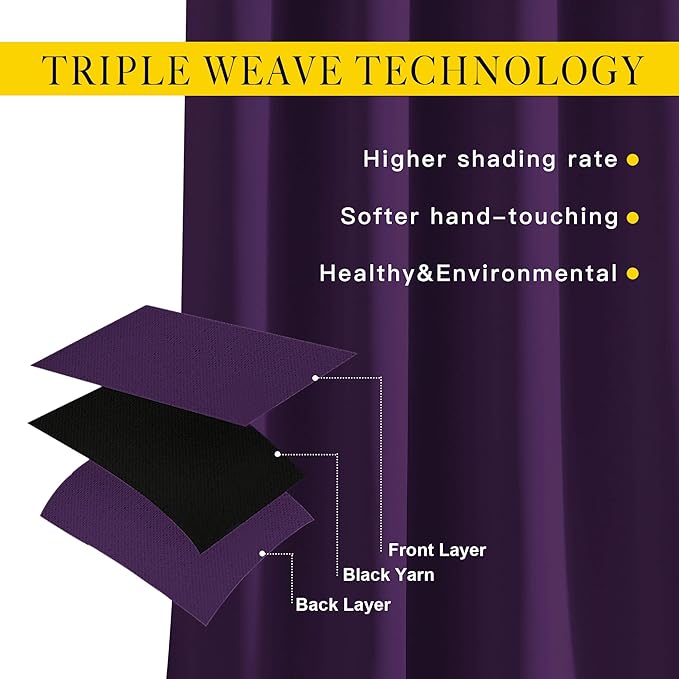 NICETOWN Blackout Royal Purple Curtains 90 inch Length - Triple Weave Energy Saving Thermal Insulated Solid Grommet Blackout Draperies for Bedroom/Living Room (1 Pair, W52 x L90)