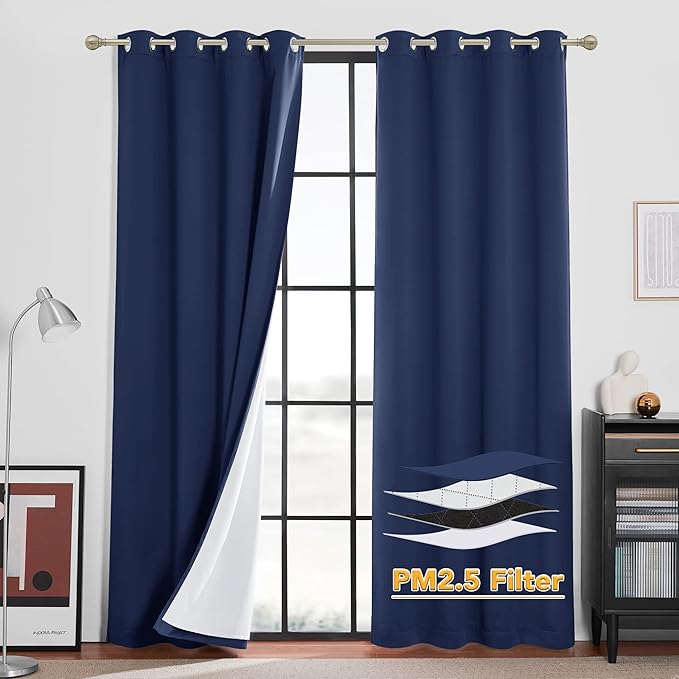 RYB HOME 100% Blackout Curtains, Noise Reducing 108 inch Curtains Dust Filter Draft Block Window Drapes Privacy Drapes for Living Room Playroom Nursery, W52 x L108 inch, Navy Blue, 2 Panels