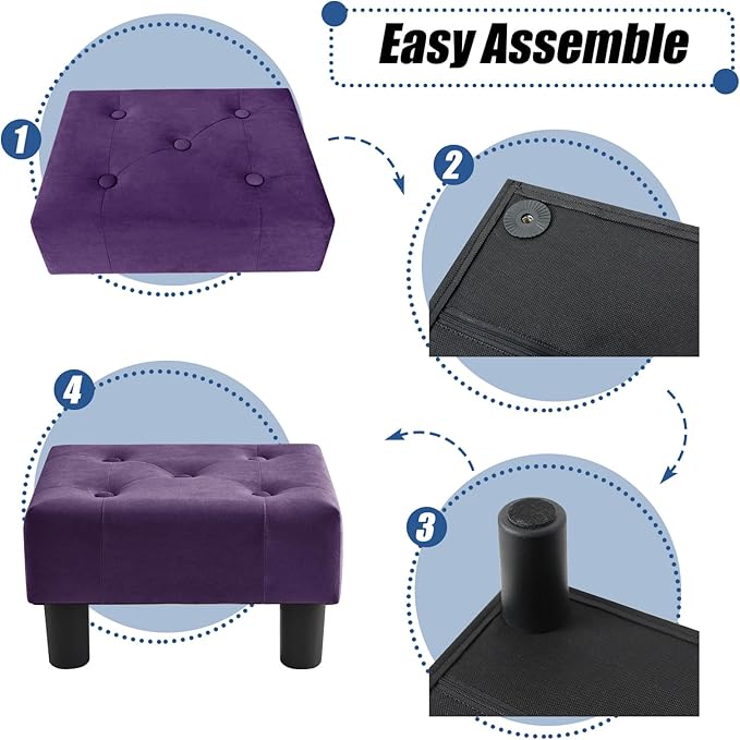 BRIAN & DANY Small Foot Stool, Velvet Foot Stools with Legs, Stable Small Footstool for Living Room, Purple