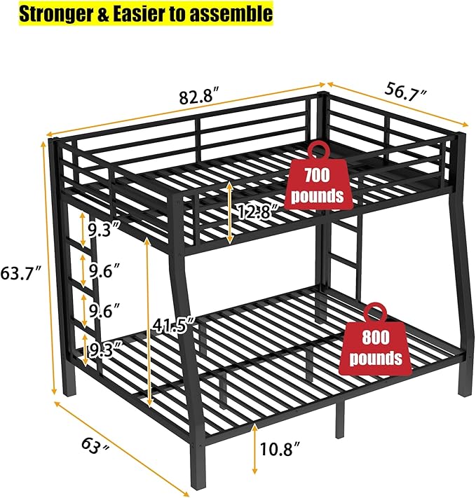 Higher Quality & Stronger Heavy Duty Metal Bunk Bed Frame Full XL Over Queen Size for Adults Teens, Thickened More Stable Steel Bunkbed (Full XL Over Queen)
