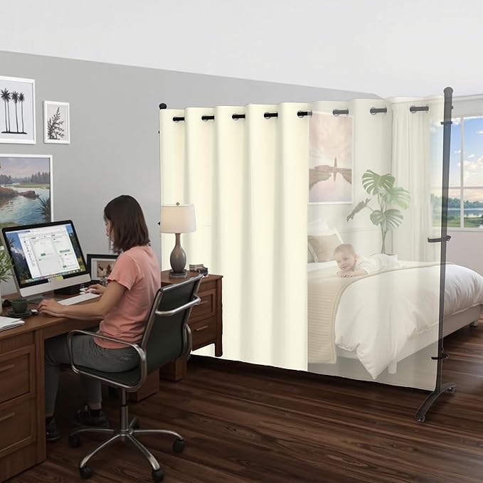 Room Divider, Curtain Privacy Screen with 360°Lockable Wheels 6FT Portable Room Divider Panel Freestanding Partition Divider Screen for Separator Wall Divider Bedroom Office (White)