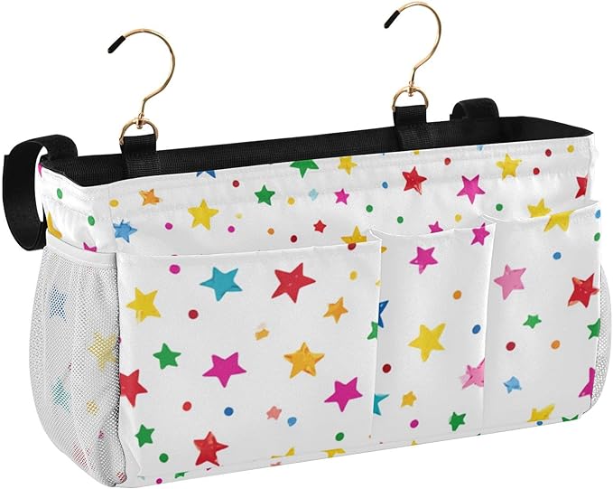 Bedside Caddy Hanging Bunk Bed Caddy Bed Organizer Hanging Pocket with 2 Hooks Bedside Storage Organizer Pocket Bag Holder Small Colorful Stars and Dots