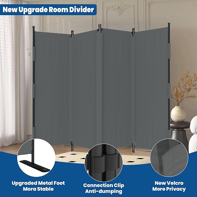 Room Divider, 4 Panel Upgraded Folding Privacy Screen, 88” Highly Secretive Separation with 3 Metal Feet, Partition Screen, Lightweight Freestanding Wall Divider Bedroom (Grey)