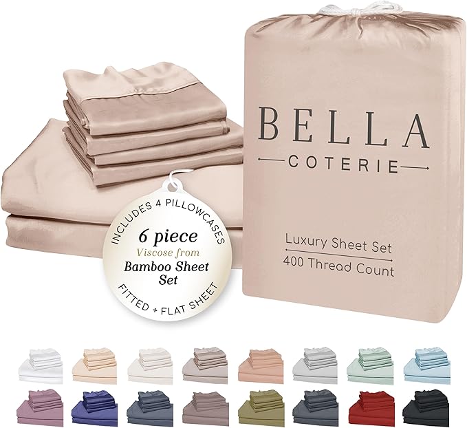 Bella Coterie 6 Piece Luxury Bamboo Viscose Queen Size Sheet Set | 100% Organically Grown | Cooling for Hot Sleepers | 18" Deep Pocket | Soft & Hypoallergenic | 4 Pillowcases [Dusty Rose]