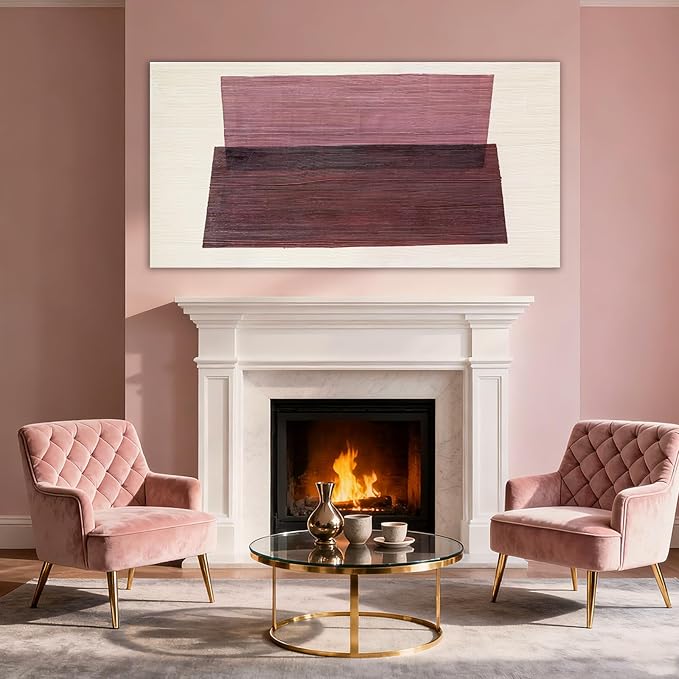 YETHEN WAL Neutral Burgundy Mauve Abstract Wall Art, Hand-Painted Textured Geometric Stripe Canvas Painting, Earth-Tone Minimalist Artwork for Living Room Bedroom Office 20x40 Inch