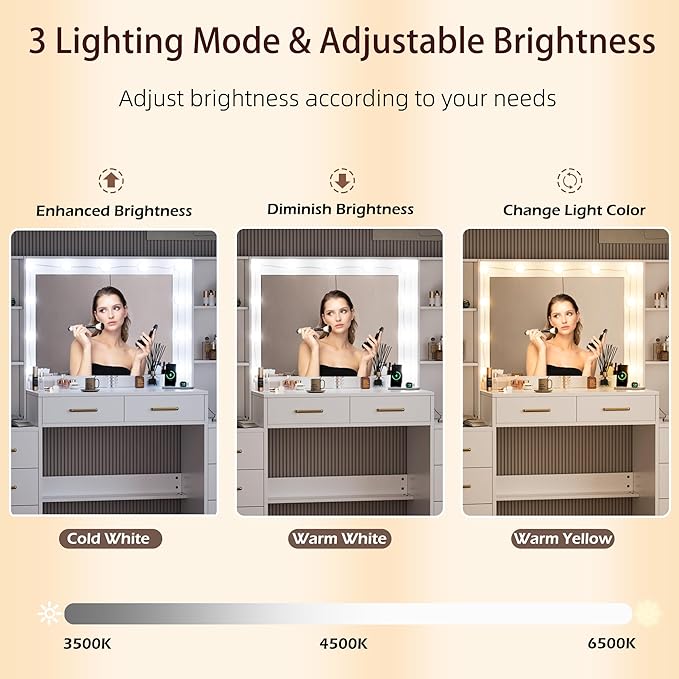 58.3”Vanity Desk with Mirror and Charging Station, Bedroom Dressing Table, Large Vanity Set, 8 Drawers and 2 Cabinets, Makeup Vanity Table with Charging Station, Without Lights