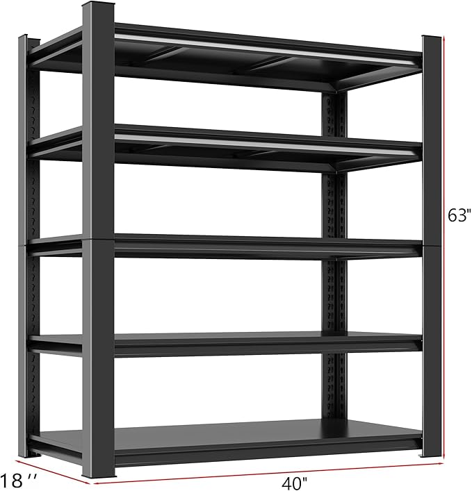 Metal Garage Shelving Unit, Heavy Duty 5-Tier Adjustable Storage Rack, Steel Shelving, 3020 lbs Capacity, Industrial Shelves for Heavy Tools and Equipment, Ideal for Garage, Basement, Black, 63"