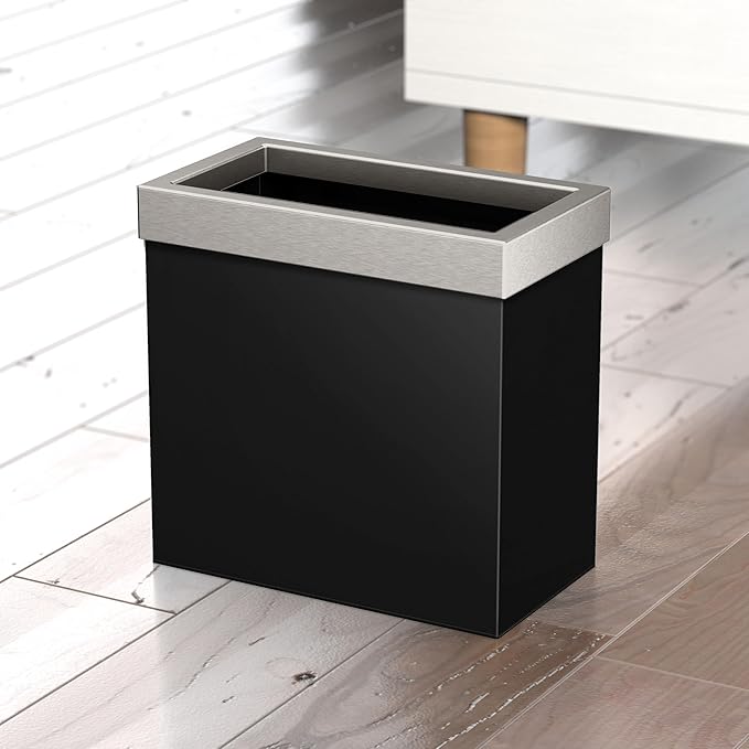 Gatco 1918SN Modern Rectangle Waste Basket, Matte Black and Satin Nickel Combo - Stainless Steel Trash Can with Removable Lid, Leakproof, 3 Gallon Capacity for Bathroom, Bedroom, Kitchen, or Office
