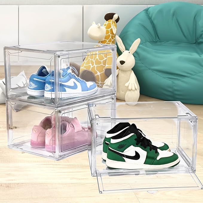 4 Pack Large Acrylic Shoe Boxes Sneaker Storage for Sneakerheads Clear Plastic Stackable Boot Shoe Collectibles Display Case, Size 13