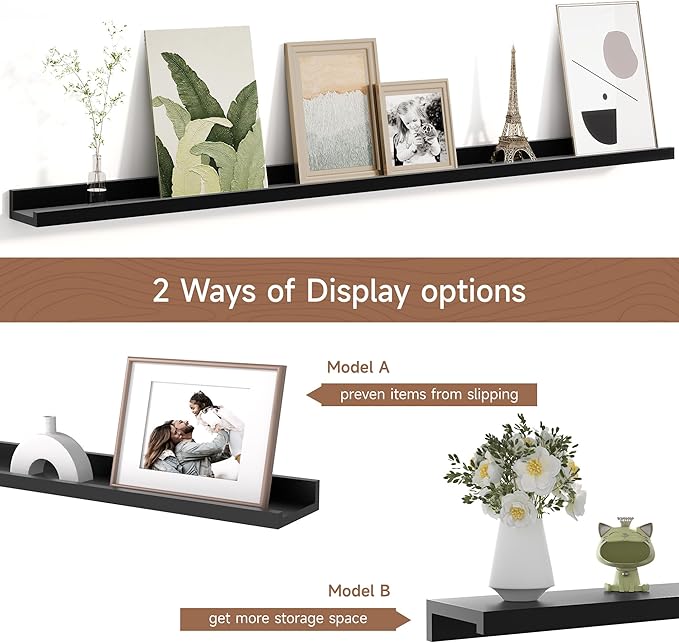 Fun Memories Picture Ledge Shelf for Wall, Floating Shelves Set of 4, 48 Inch Long Nursery Book Shelves for Toys Storage, Kids Bookshelf Wall Mounted for Books Photo Frames, Black