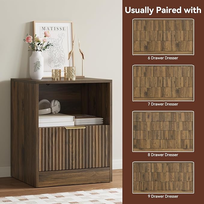 9 Drawer Dresser & Nightstand Set 3-Piece, 63” Wide Bedroom Dresser Set Night Stand Set of 2 with Metal Handle, Fluted Modern Wood Chest of Drawers Storage Dressers Set for Bedroom, Walnut
