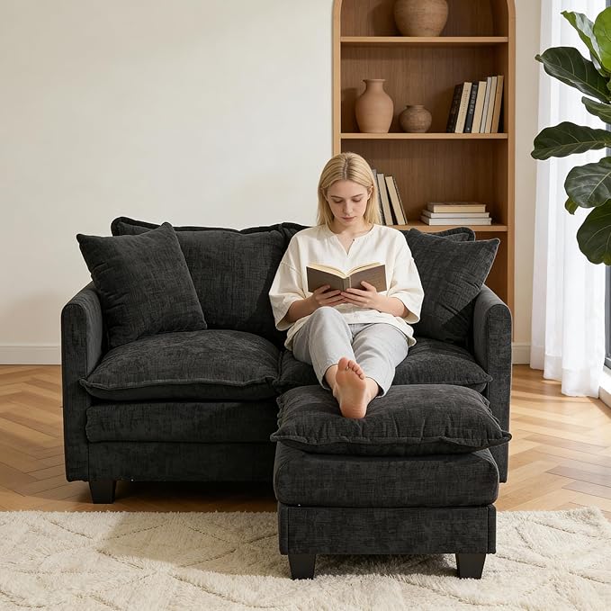 Loveseat Sofa with Ottoman, 50'' Modern L-Shape Cloud Couch Sofa Loveseat with 22'' Ottoman for Small Space/Apartment/Office/Living Room 8834-BLACK-L