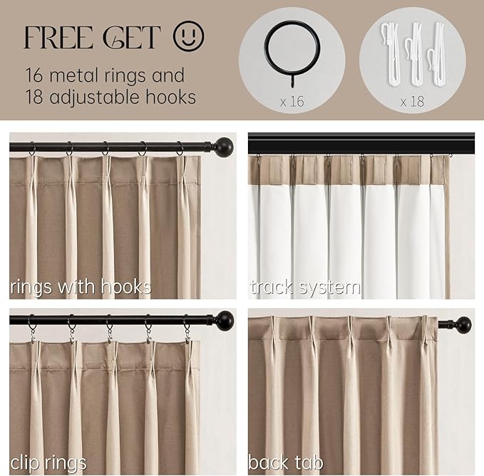 Topfinel 105 Inches Long Custom Black Out Faux Thick Linen Drapery Panels, Pinch Pleated Heat Reflective Neurtral Curtains with Pin Hooks, Luxury Lined Back Tab Drapes Set of 2