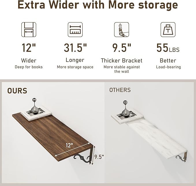 Dreamland Deep Floating Shelves, 31" W x 12" D Wall Shelves Set of 2, Wide Display Shelf Wall Mounted with Brackets, Bookshelf for Living Room, Bathroom, Bedroom, Walnut