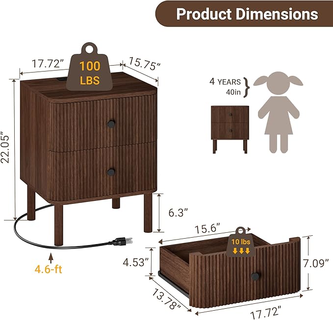 Night Stand Set of 2 with Charging Station, 18" Fluted Nightstand with Rounded Corners & Solid Wood Legs, 2 Drawers End Table, Mid Century Modern Bedside Table for Bedroom, Walnut