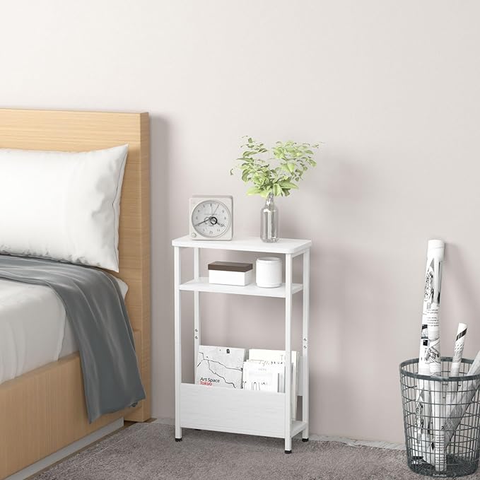 THUMEYE 7.1" Narrow Side Table for Small Spaces, 3 Tier Small End Table with Magazine Holder, Slim/Skinny Nightstand/Bedside Table for Living Room, Bedroom, 15.4" L x 24.2" H, White