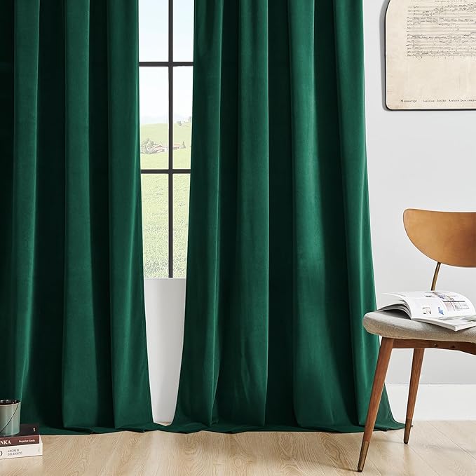 Joydeco Dark Green Velvet Curtains 90 inch Length 2 Panels Burg Set, Luxury Rod Pocket Thermal Insulated Window Blackout Curtain, Room Darkening Drapes for Living Dining Room Bedroom Privacy