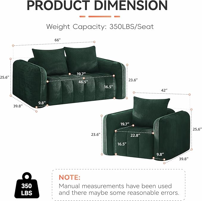 Corduroy Boneless Living Room Sets, Modern Upholstered Loveseat with 2 Signle Sofa Chairs, Comfy Deep Seat Cloud Sofa Couch Sets for Living Room, Green