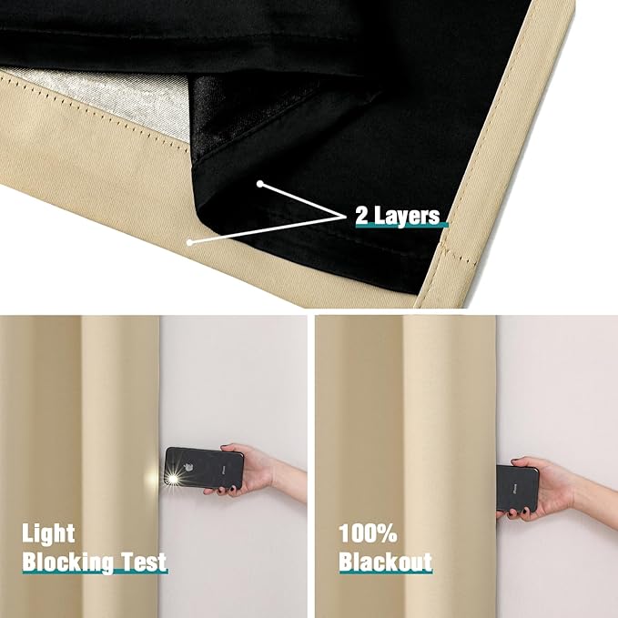 ChrisDowa 100% Blackout Curtains for Bedroom with Black Liner, 2 Thick Layers Total Blackout Thermal Insulated Grommet Window Curtains 2 Panels Set (Beige, 52 x 54 Inch)