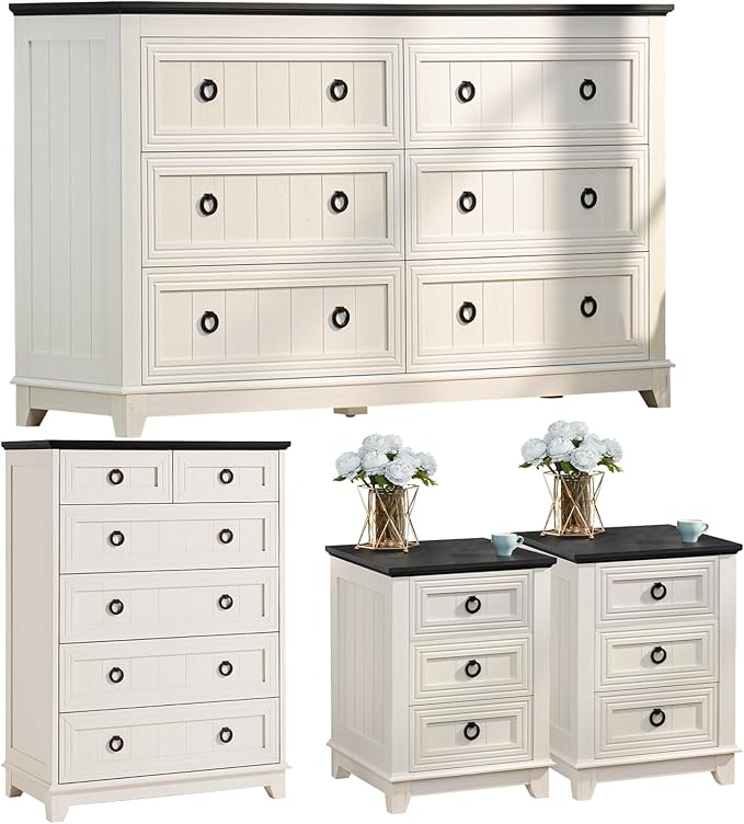 Bedroom Dresser and Nightstand Sets 4 Piece, Farmhouse 6 Drawers Dresser & 40.5" Tall Chest of Drawers, 18" Nightstands Set of 2, 54" Wide Furniture Dressers for Bedroom, Living Room, White