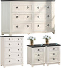 Bedroom Dresser and Nightstand Sets 4 Piece, Farmhouse 6 Drawers Dresser & 40.5" Tall Chest of Drawers, 18" Nightstands Set of 2, 54" Wide Furniture Dressers for Bedroom, Living Room, White