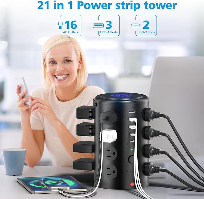Tower Power Strip with 15W Wireless Charger, 20FT Extension Cord, 16 AC Outlets & 5 USB Ports (2 USB C) - Surge Protector for Office, Home, Dorm Room (Black)