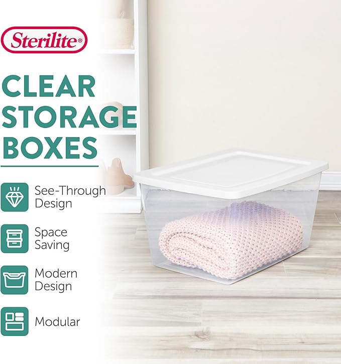 Sterilite 16 Pack Storage Box, 58 Quart Stackable Tote, Clear Plastic Container with Secure Snapping Lids for Home and Office Organization, White