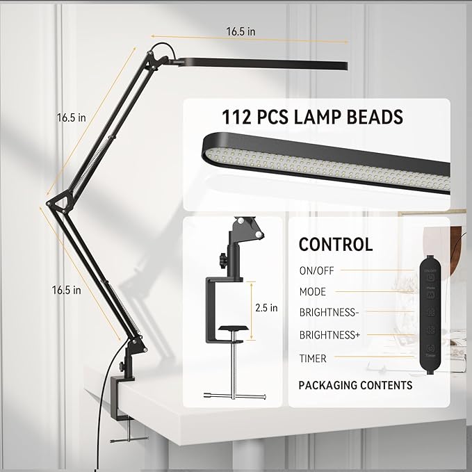 SKYLEO Desk Lamp for Home Office, Eye Comfortable LED Desk Light for Long Hours, Adjustable Swing Arm with Memory Function, Black