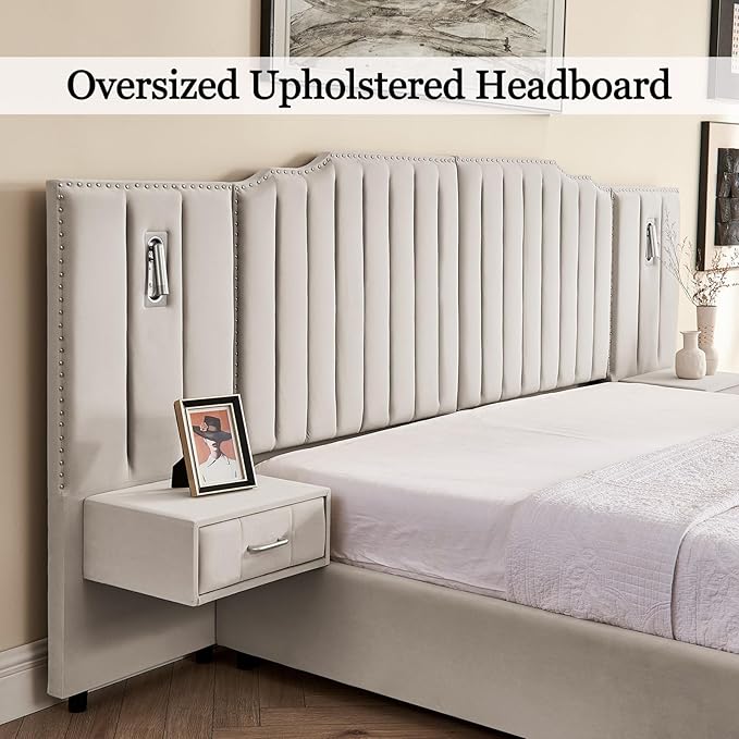 King Size Bed Frame with Storage, Luxury King Platform Bed Frame with Headboard, Velvet Fabric Upholstered Bedframe with LED Lights, Solid Frame & Bedside Table, No Box Spring Needed, Beige