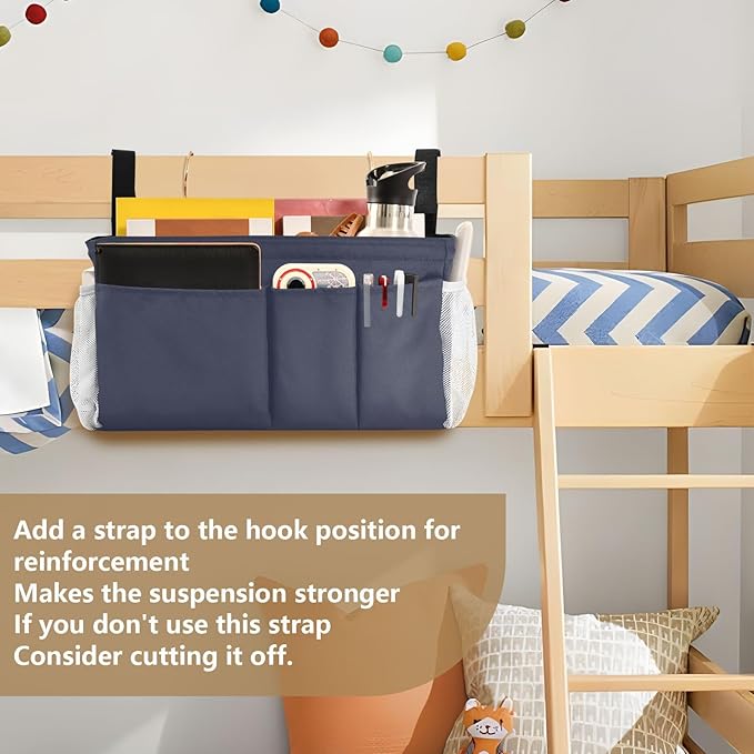KOPIRIT Navy Grey Bedside Caddy Storage Bag Bedside Organizer for College Dorm Top Bunk Bed Hanging Bag Bedside Shelf 6 Pockets with Hooks for Magazine Water Bottle Holder