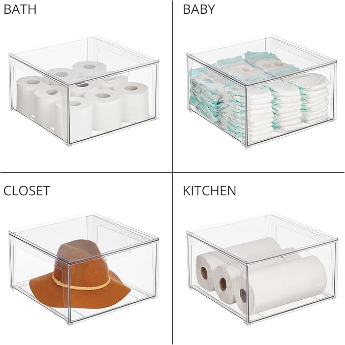 mDesign Plastic Stackable Closet Storage Organizer Bin Containers with Front Pull Drawer for Cabinet, Desk, Shelf, Cupboard, or Dresser Organization - Lumiere Collection - 4 Pack - Clear