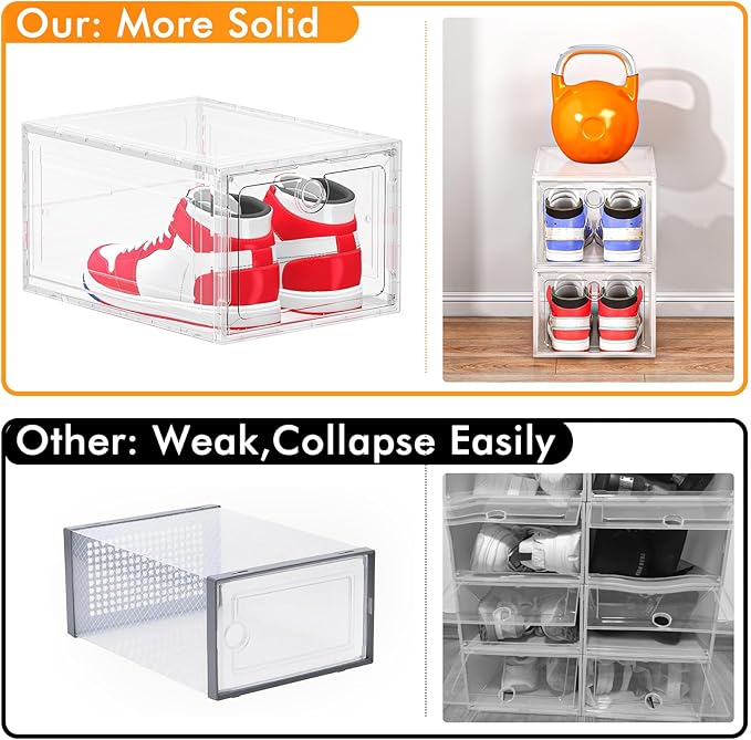 6 Pack Upgrade Harder Shoe Organizer, Shoe Storage with Magnetic Front Door, Clear Shoe Boxes Foldable Space-Saving Shoe Rack for Sneaker Boot Container, White